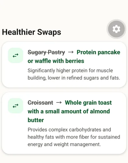 Dietary Insight app showing healthier food swaps
